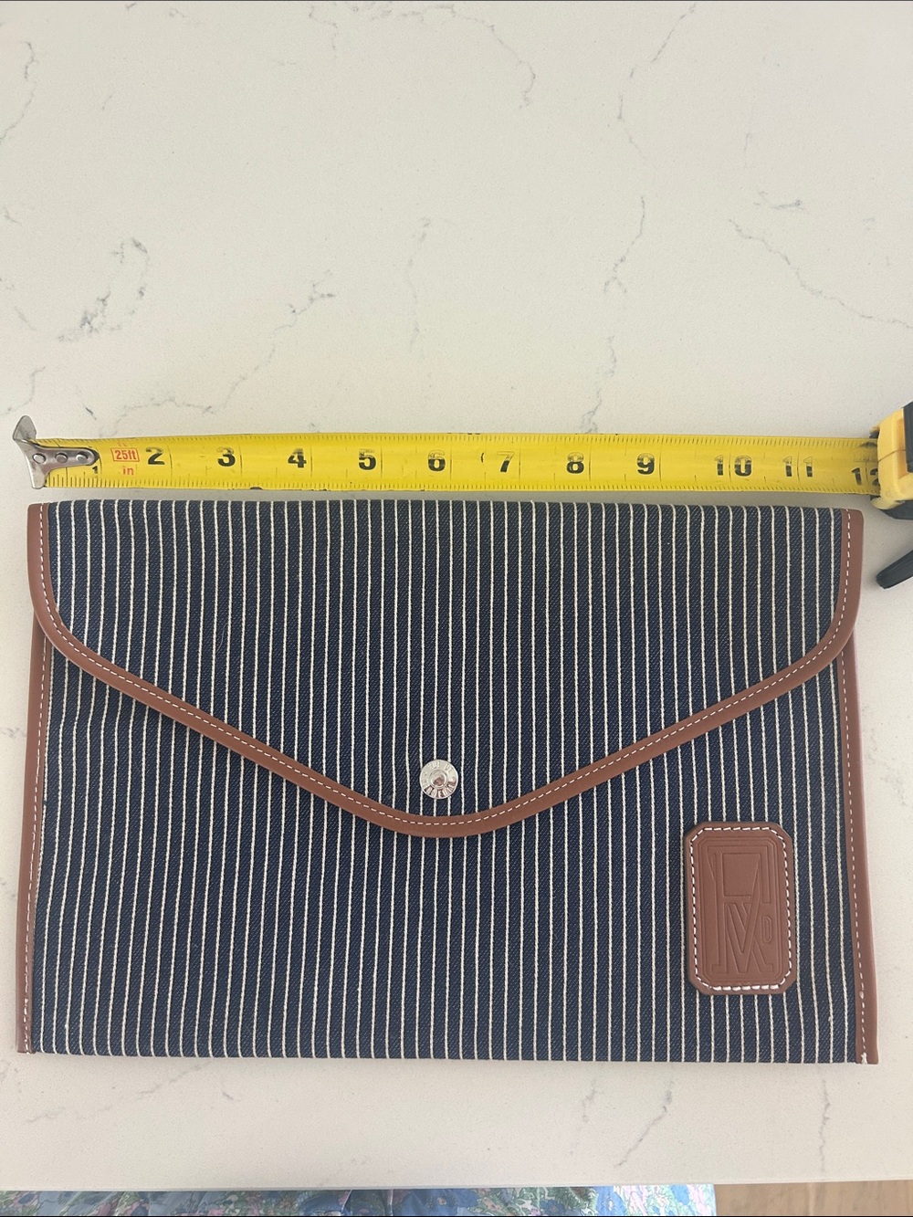 Rue de Verneuil - NWOT - Striped Navy Canvas Envelope Clutch with Brown Trim